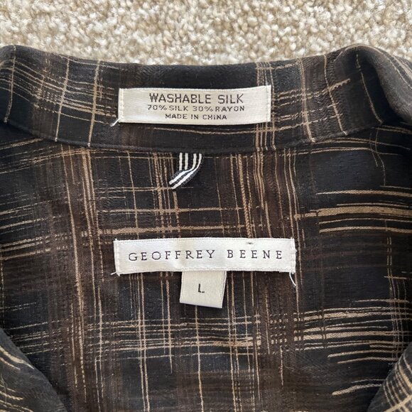 Geoffrey Beene washable silk crisscross plaid pattern black & brown button up - Picture 2 of 7